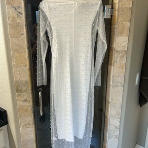 White strapless sweater dress with white beaded sheer overlay